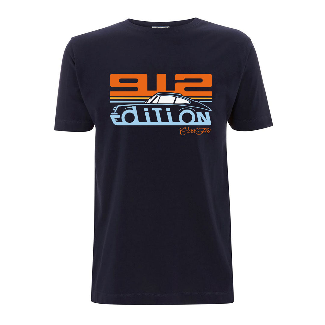 Cool Flo Porsche 912 navy t-shirt - Gulf Edition with blue, orange and white print.