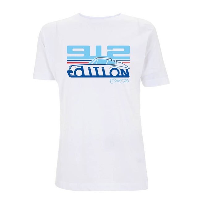 Cool Flo Porsche 912 white t-shirt - Martini Edition with blue and red print.