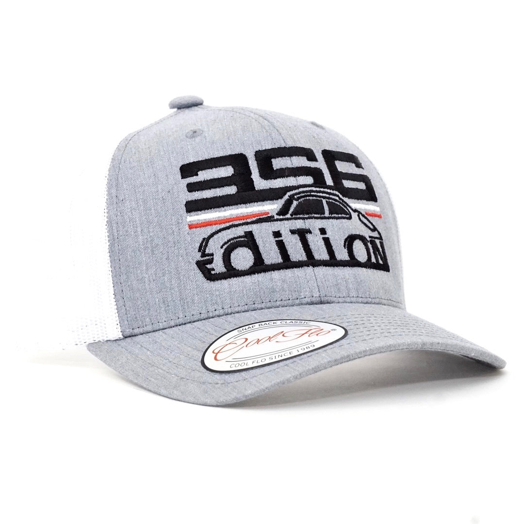 Cool Flo Porsche 356 Grey trucker cap with 356 Edition and a Porsche outline embroidered illustration on the front in black, white and red.