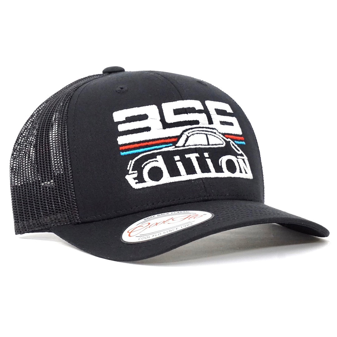 Cool Flo Porsche 356 Black trucker cap with 356 Edition and a Porsche outline embroidered illustration on the front in white, blue and red..