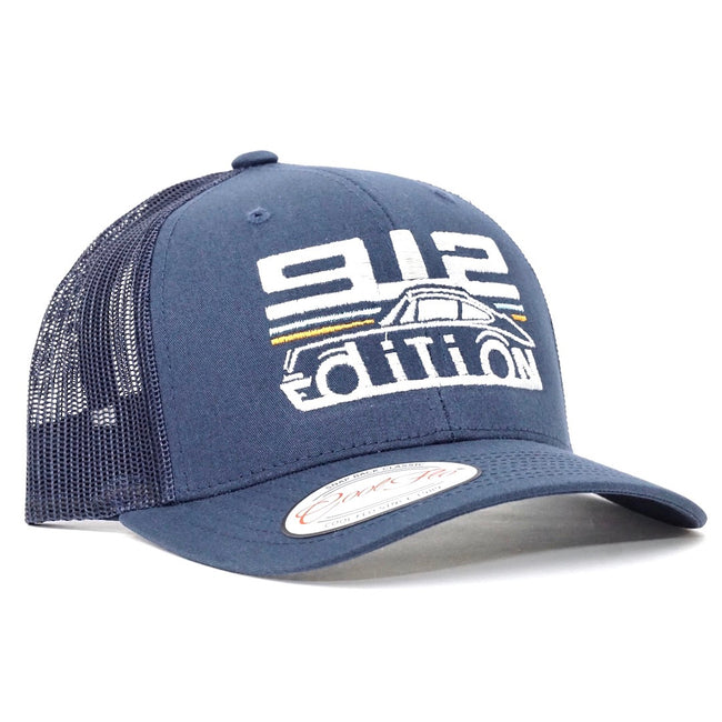 Cool Flo Porsche 912 Navy trucker cap with 356 Edition and a Porsche outline embroidered illustration on the front in white, blue and orange.