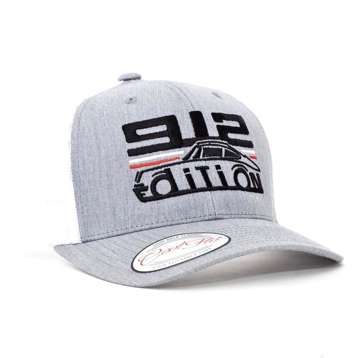 Cool Flo Porsche 912 Black trucker cap with 912 Edition and a Porsche outline embroidered illustration on the front in black , white and red.