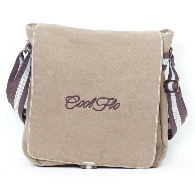 Cool Flo sand canvas messenger bag - with striped strap and embroidered logo.