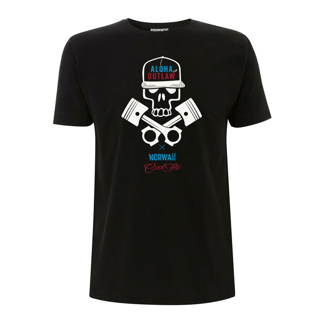 Cool Flo Skull & Pistons black t-shirt with white, red and blue design.