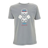 Cool Flo Skull & Pistons grey t-shirt with white, red and blue design.