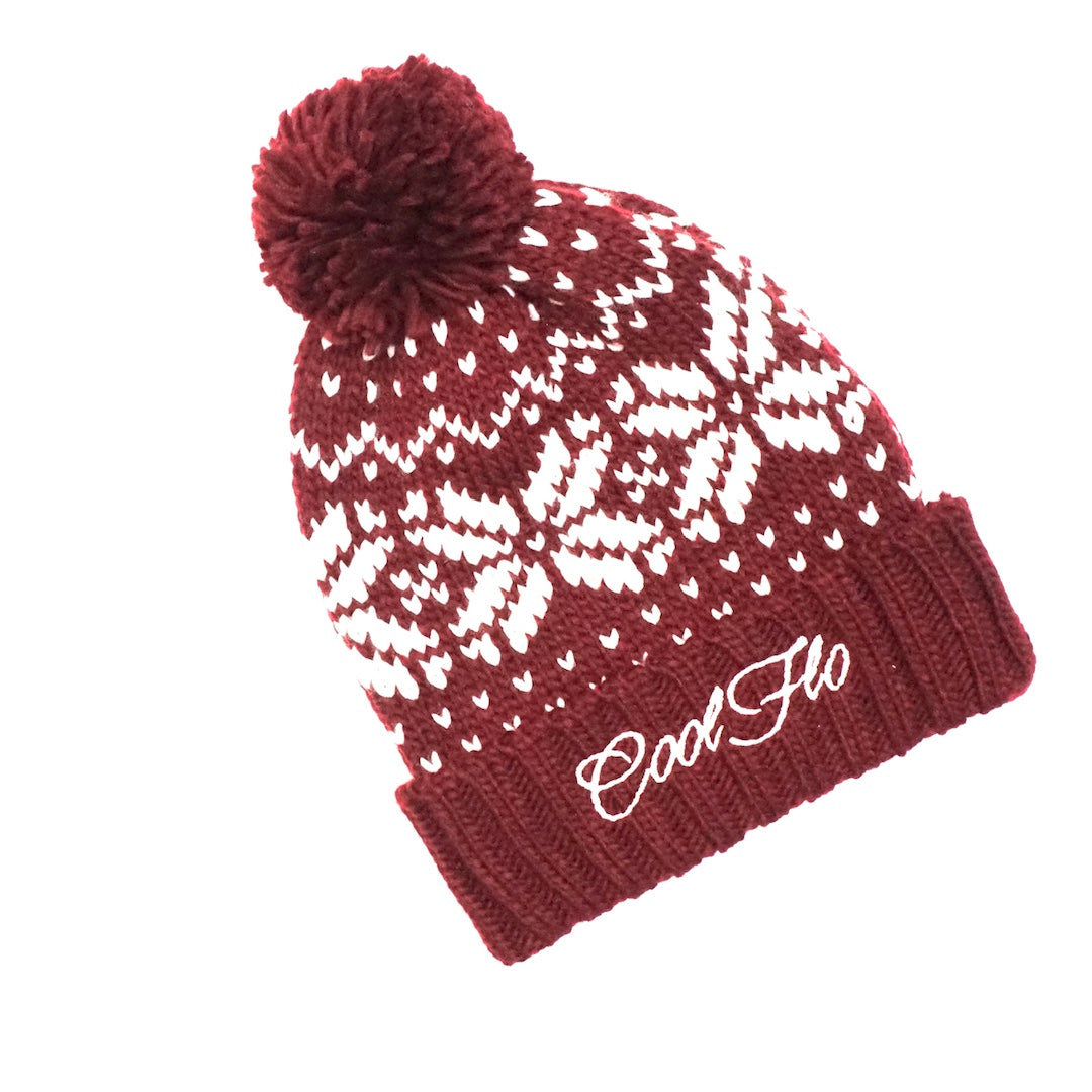 Cool Flo Burgundy and white Snowstorm Fair Isle bobble hat with embroidered script logo 