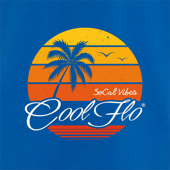 Cool Flo Royal Blue SoCal Vibes T-shirt with yellow, orange and white sunset and palm trees design -  close-up