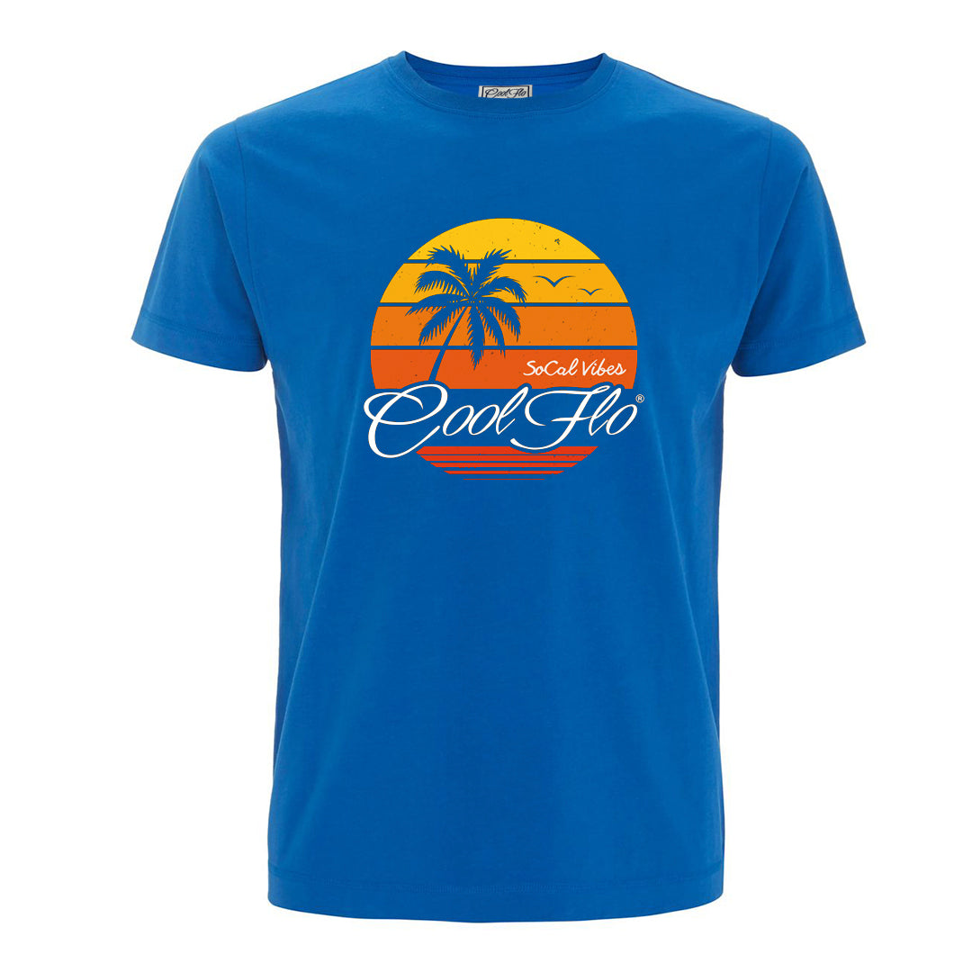 Cool Flo Royal Blue SoCal Vibes T-shirt with yellow, orange and white sunset and palm trees design.