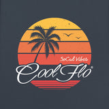 Cool Flo Dark Grey SoCal Vibes Hoody with yellow, orange and white sunset and palm trees design  - close-up