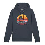 Cool Flo Dark Grey SoCal Vibes Hoody with yellow, orange and white sunset and palm trees design.