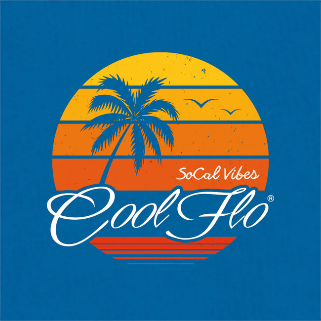 Cool Flo Royal Blue SoCal Vibes Hoody with yellow, orange and white sunset and palm trees design - close-up
