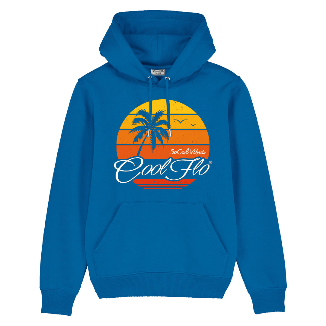 Cool Flo Royal Blue SoCal Vibes Hoody with yellow, orange and white sunset and palm trees design .