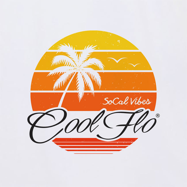 Cool Flo White SoCal Vibes T-shirt with yellow, orange and black sunset and palm trees design - close-up