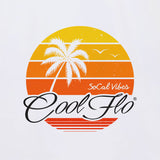 Cool Flo White SoCal Vibes T-shirt with yellow, orange and black sunset and palm trees design - close-up