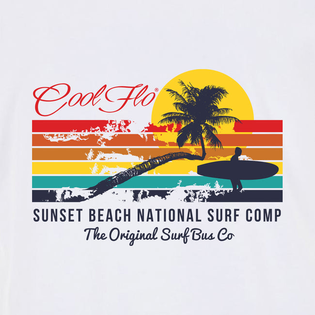 Sunset Beach - Cool Flo white t-shirt - surf design close-up