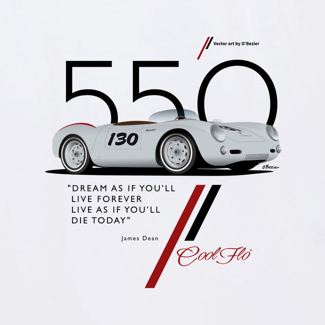 550 Porsche white t-shirt close-up - Cool Flo