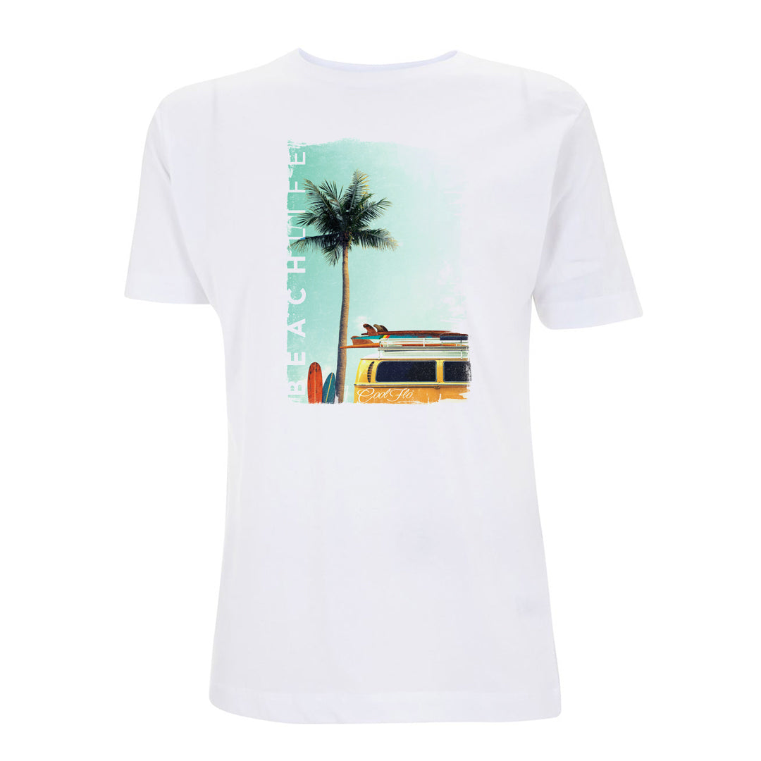 Cool Flo Beach Life t-shirt in white with photo print of VW campervan and palm tree