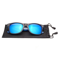 Blue mirrored wayfarer sunglasses with lightweight black and blue frame, designed for everyday outdoor wear.