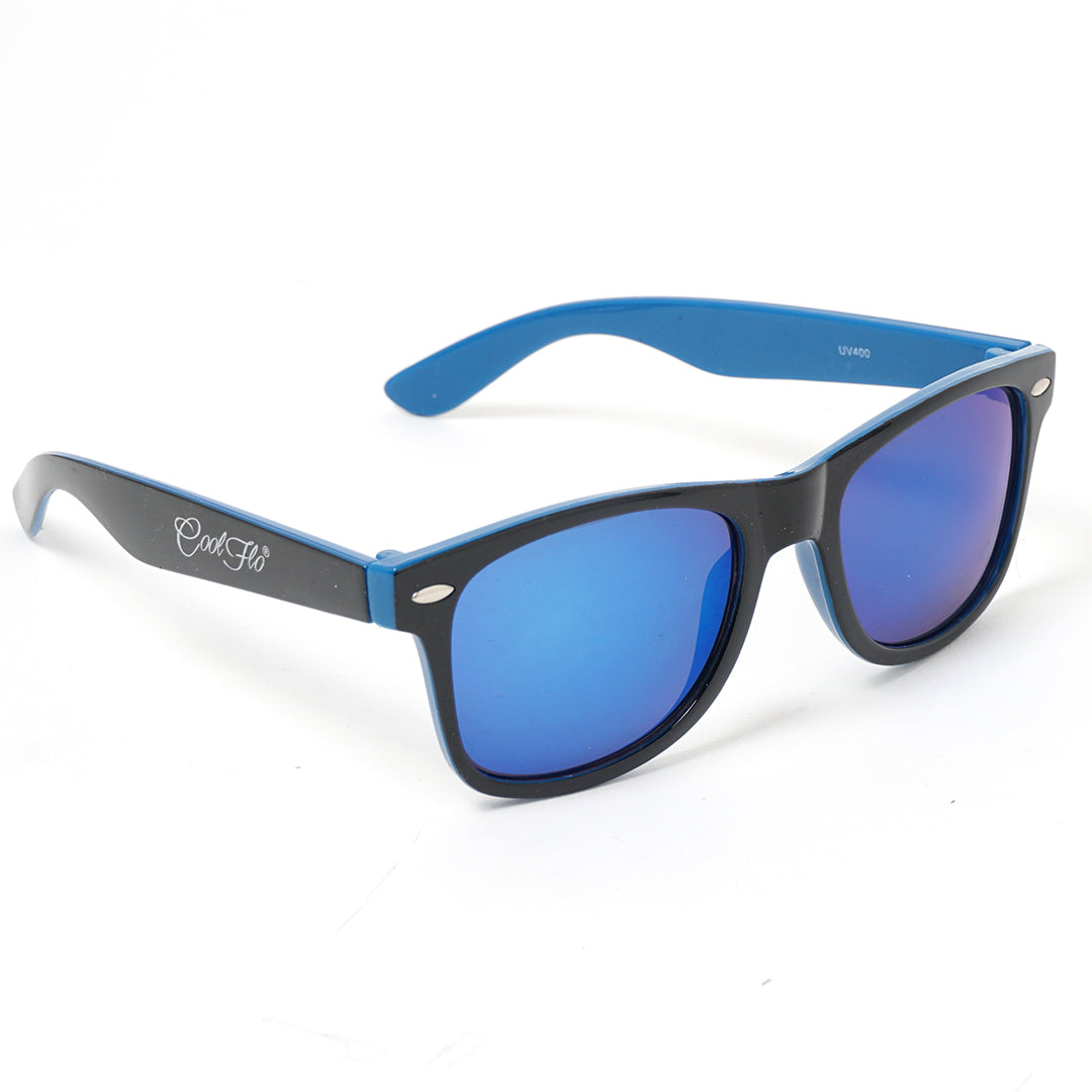 Blue mirrored wayfarer sunglasses with lightweight black and blue frame, designed for everyday outdoor wear.