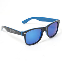 Blue mirrored wayfarer sunglasses with lightweight black and blue frame, designed for everyday outdoor wear.