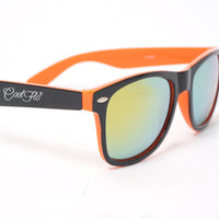 Mirrored wayfarer sunglasses with lightweight black and orange frame, designed for everyday outdoor wear.