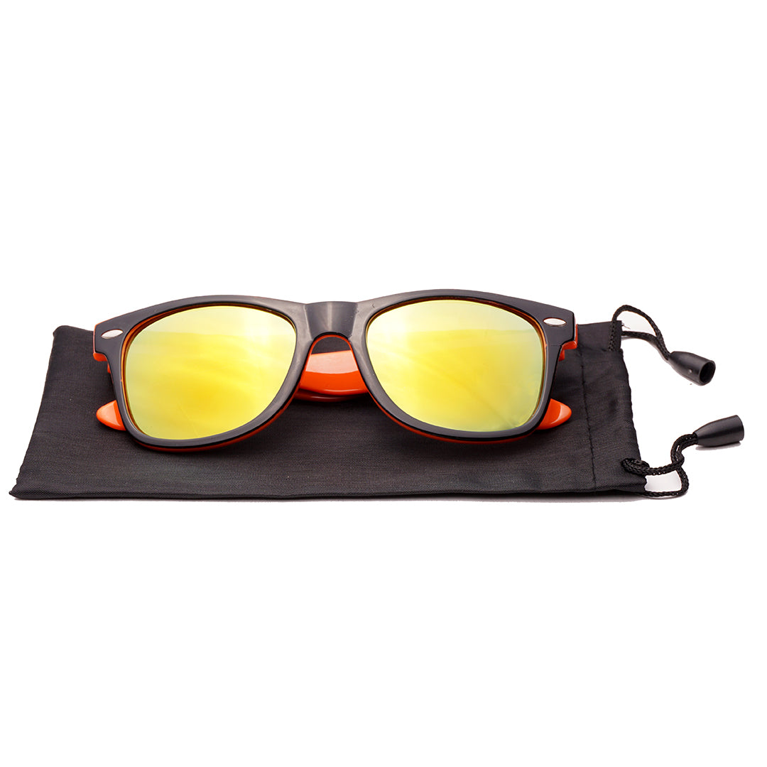Mirrored wayfarer sunglasses with lightweight black and orange frame, designed for everyday outdoor wear.