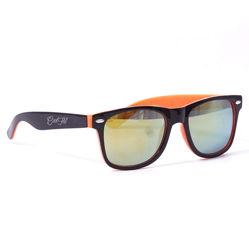 Mirrored wayfarer sunglasses with lightweight black and orange frame, designed for everyday outdoor wear.