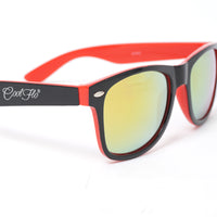 Mirrored wayfarer sunglasses with lightweight black and red frame, designed for everyday outdoor wear.