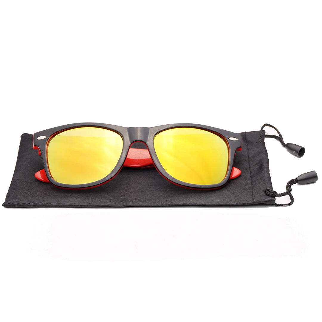 Mirrored wayfarer sunglasses with lightweight black and red frame, designed for everyday outdoor wear.