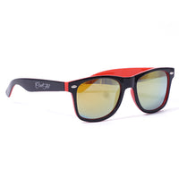Mirrored wayfarer sunglasses with lightweight black and red frame, designed for everyday outdoor wear.