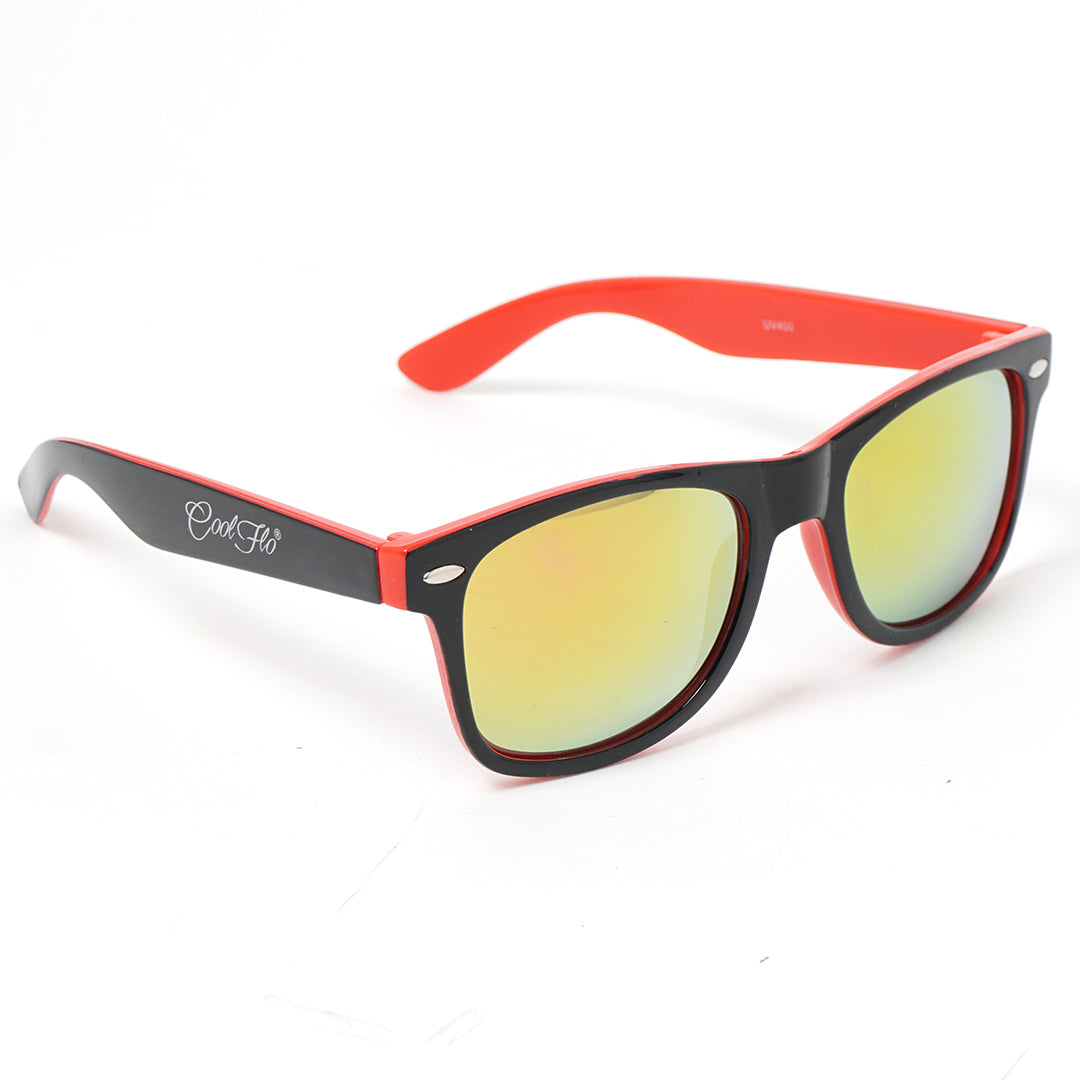 Mirrored wayfarer sunglasses with lightweight black and red frame, designed for everyday outdoor wear.