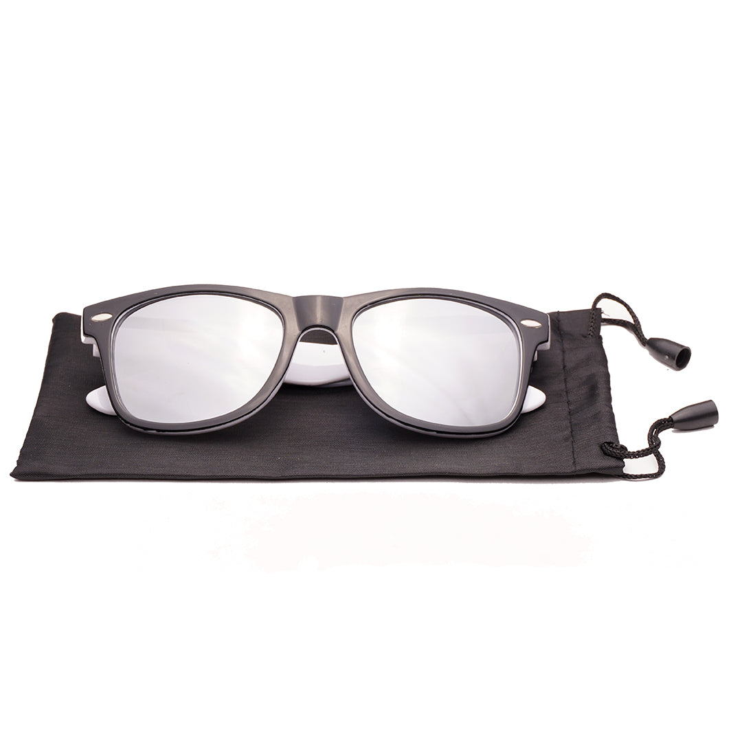 Mirrored wayfarer sunglasses with lightweight black and white frame, designed for everyday outdoor wear.