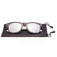 Mirrored wayfarer sunglasses with lightweight black and white frame, designed for everyday outdoor wear.