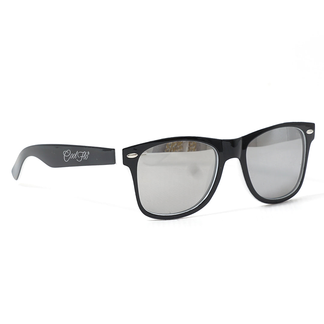 Mirrored wayfarer sunglasses with lightweight black and white frame, designed for everyday outdoor wear.