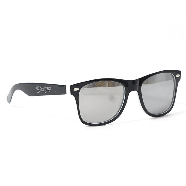 Mirrored wayfarer sunglasses with lightweight black and white frame, designed for everyday outdoor wear.
