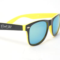 Mirrored wayfarer sunglasses with lightweight black and yellow frame, designed for everyday outdoor wear.