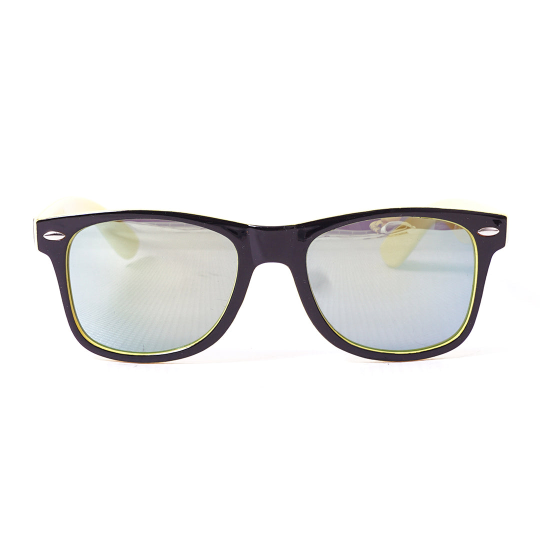 Mirrored wayfarer sunglasses with lightweight black and yellow frame, designed for everyday outdoor wear.