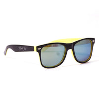 Mirrored wayfarer sunglasses with lightweight black and yellow frame, designed for everyday outdoor wear.