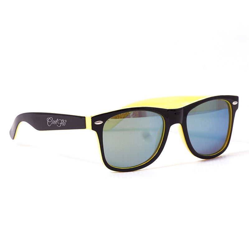 Mirrored wayfarer sunglasses with lightweight black and yellow frame, designed for everyday outdoor wear.