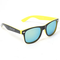 Mirrored wayfarer sunglasses with lightweight black and yellow frame, designed for everyday outdoor wear.