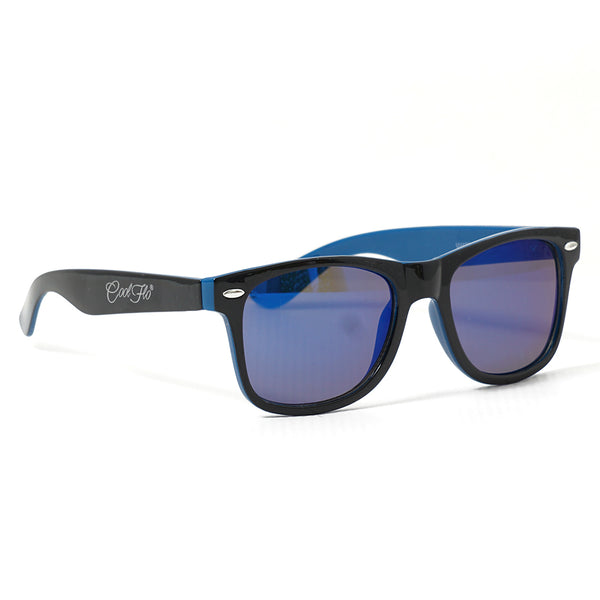 Blue mirrored wayfarer sunglasses with lightweight black and blue frame, designed for everyday outdoor wear.