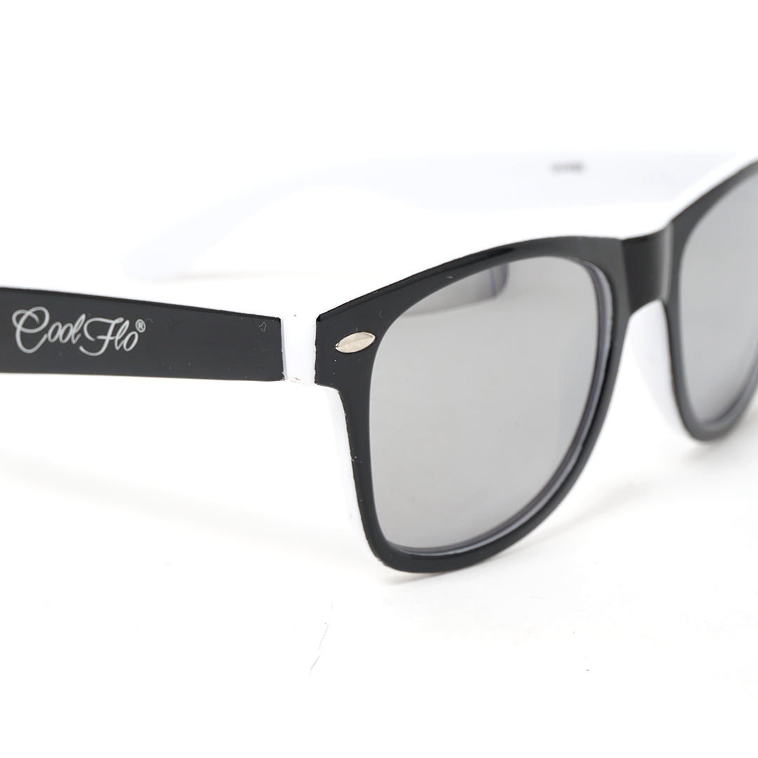 Mirrored wayfarer sunglasses with lightweight black and white frame, designed for everyday outdoor wear.