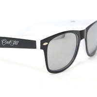 Mirrored wayfarer sunglasses with lightweight black and white frame, designed for everyday outdoor wear.