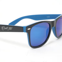 Blue mirrored wayfarer sunglasses with lightweight black and blue frame, designed for everyday outdoor wear.