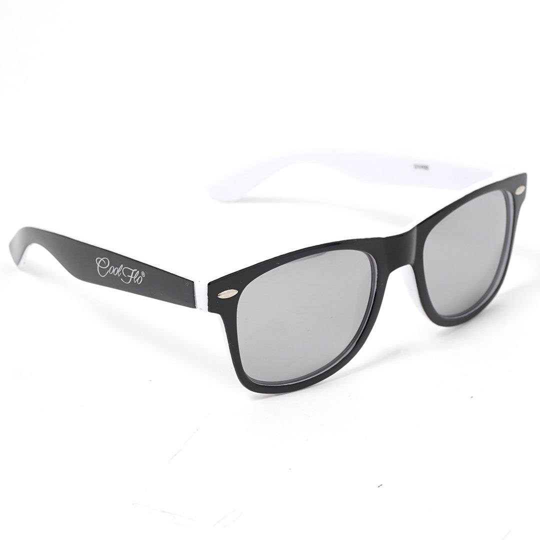Mirrored wayfarer sunglasses with lightweight black and white frame, designed for everyday outdoor wear.