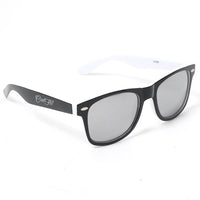 Mirrored wayfarer sunglasses with lightweight black and white frame, designed for everyday outdoor wear.