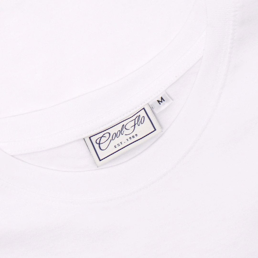 Flo Cat white t-shirt neck label