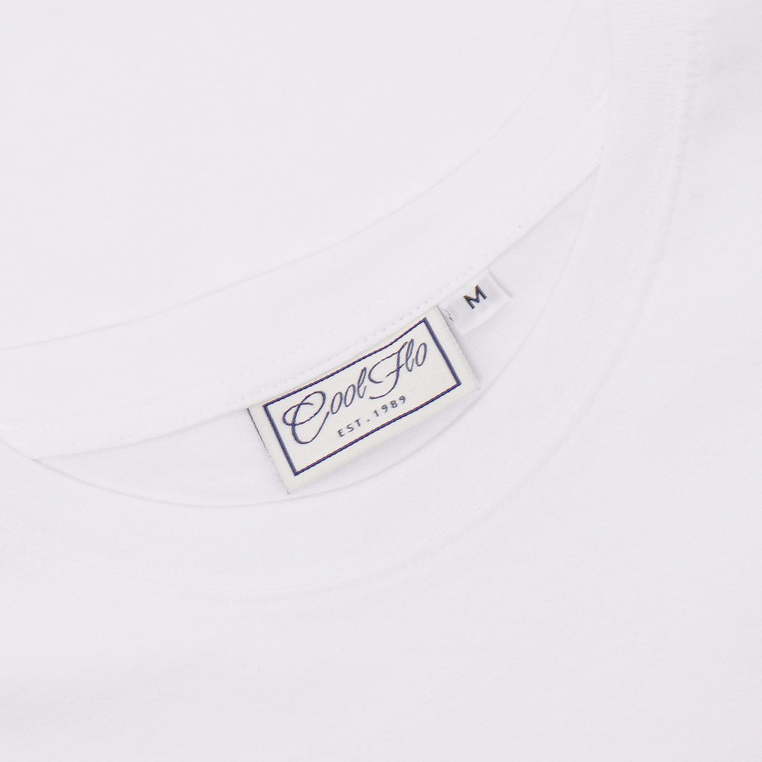 Cool Flo white t-shirt neck label